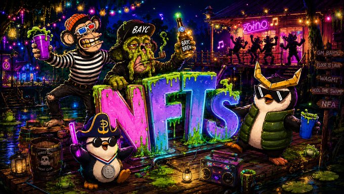 A colorful graffiti-style NFT promotional image featuring cartoon pirates, penguins, and characters around neon 'NFTS' text, with 'BAYC', 'BAYC BEEF', and 'zohno' visible.