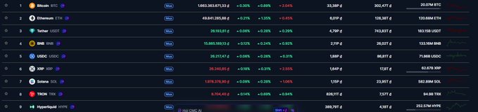 A cryptocurrency market dashboard showing the top 9 coins by market cap including Bitcoin (BTC) at $1,663,383,913.33, Ethereum (ETH) at $69,641,285.86, Tether (USDT), BNB, USDC, XRP, Solana (SOL), TRON (TRX), and Hyperliquid (HYPE), with most showing small 24-hour price declines.