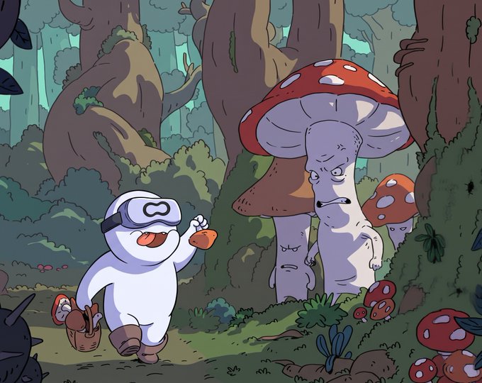 An illustration from the animated series 'The Mighty Ones' featuring a person wearing a VR headset and carrying a basket walking in a forest while two anthropomorphic mushrooms look on unamused.