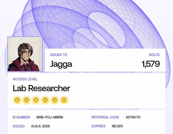 A digital access badge with a purple wireframe background issued to 'Jagga' for 'Lab Researcher' access level with 6 stars, 1,579 bolts, ID BRB-POJ-M8RM, and referral code ADT6K70.