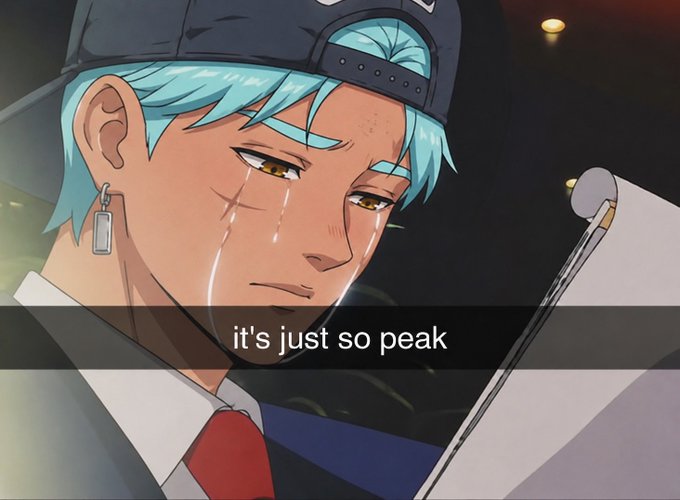 An anime-style illustration of a blue-haired character wearing a backwards cap and crying, holding a tablet, with the caption 'it's just so peak'.