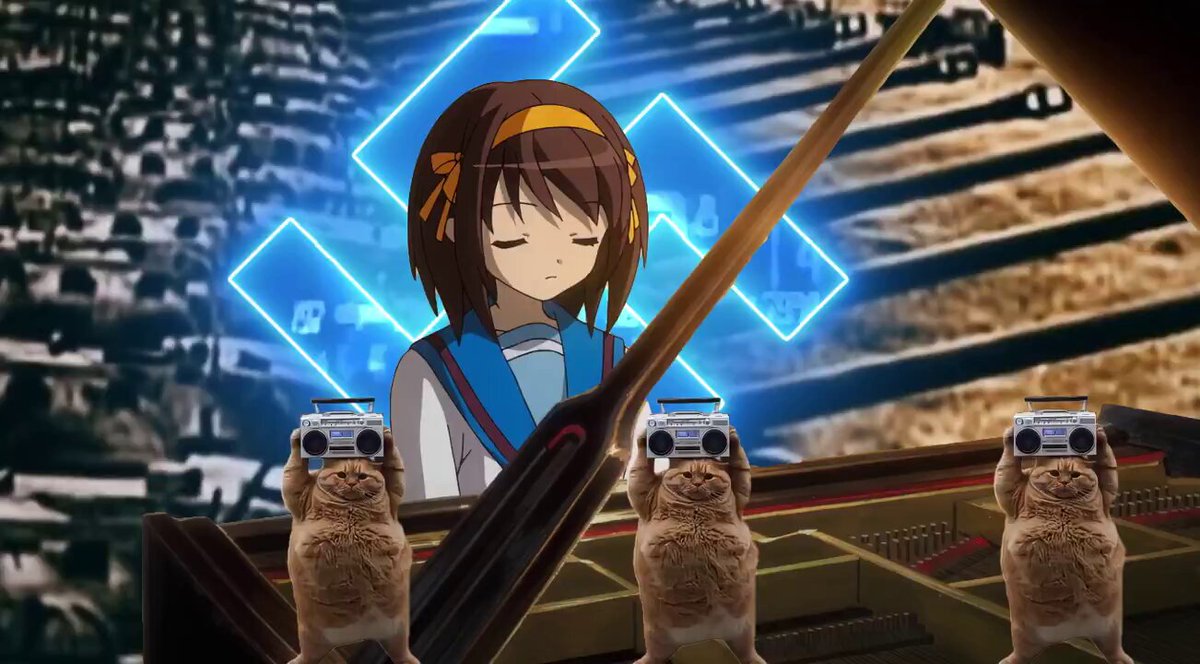 The image features a cartoon girl sitting at a piano, with three other cartoon animals standing behind her. In front of them are two small toy cameras that appear to be recording their performance or capturing the scene. The background includes a blue neon sign and a black and white striped patterned wall. The caption "unemployed relative strength neet to billions solana to 0" suggests that this image might be related to an online post about the girl's musical abilities, possibly as part of a challenge or competition.