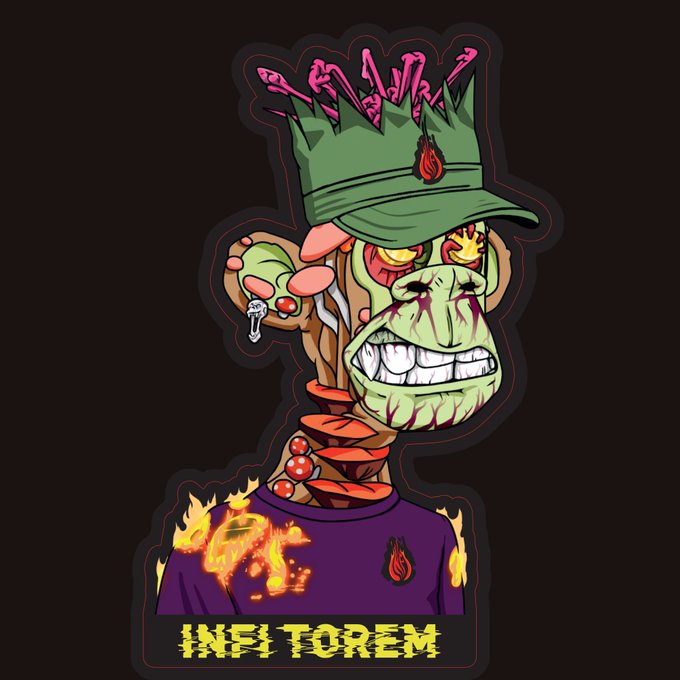 An illustrated graphic shows a grotesque zombie-like figure with a green crown labeled 'REWARD' stacked on wooden planks above a flaming purple shirt, with 'INFI TOREM' written at the bottom.