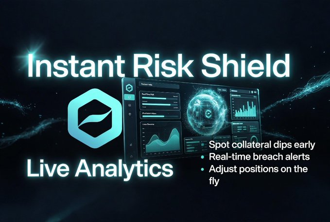 Marketing graphic for 'Instant Risk Shield' featuring Live Analytics with features listed: spot collateral dips early, real-time breach alerts, and adjust positions on the fly.