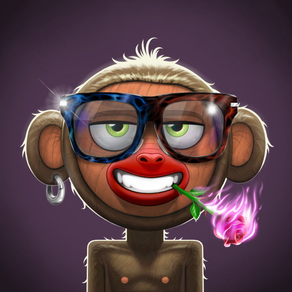 A digital illustration of a cartoon monkey with bright green eyes wears large blue-tinted sunglasses and holds a smoking, glowing pink rose in its mouth against a purple background.