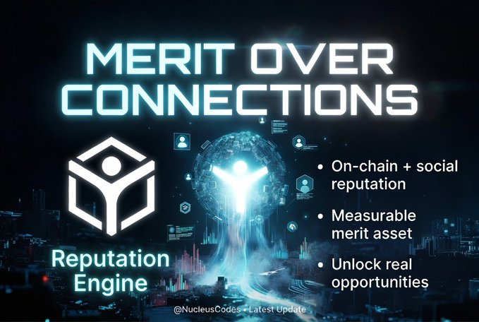 A promotional graphic titled 'MERIT OVER CONNECTIONS' advertising a 'Reputation Engine' by @NucleusCodes, highlighting on-chain + social reputation and measurable merit assets.