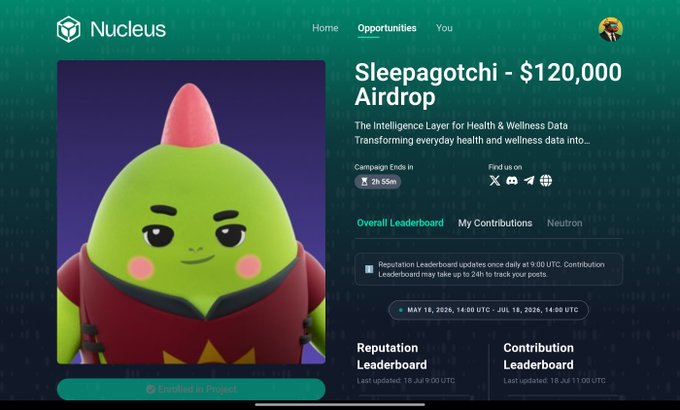 A screenshot of the Nucleus platform showing a 'Sleepagotchi - $120,000 Airdrop' campaign featuring a green dinosaur-like character, with a countdown timer and leaderboard tabs visible.