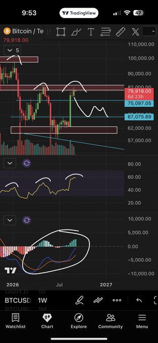 A TradingView screenshot showing BTCUSD weekly chart at $79,918 with drawn trend lines, horizontal support zones around $67,075-$75,097, RSI around 60, and a MACD indicator with a hand-drawn circle highlighting a bearish divergence, illustrating the poster's expectation that Bitcoin will pull back to the low 60s.