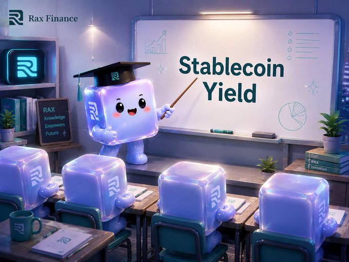 A cute Rax Finance mascot wearing a graduation cap teaches a classroom of cube-shaped students about "Stablecoin Yield" on the whiteboard, visually reinforcing the post's educational message about understanding the underlying sources (lending, market-making, arbitrage, or real-world cash flows) behind stablecoin returns rather than just chasing yield outcomes.