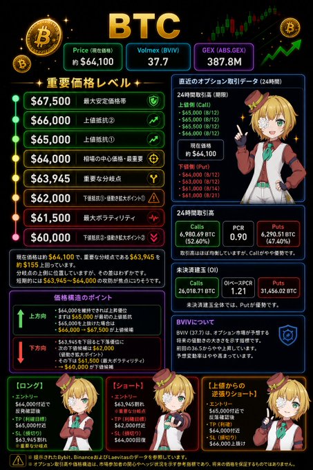A financial infographic in Japanese analyzing Bitcoin (BTC), showing the current price at $64,100, important price levels, options data, futures liquidation, and trading hints for both long and short positions.