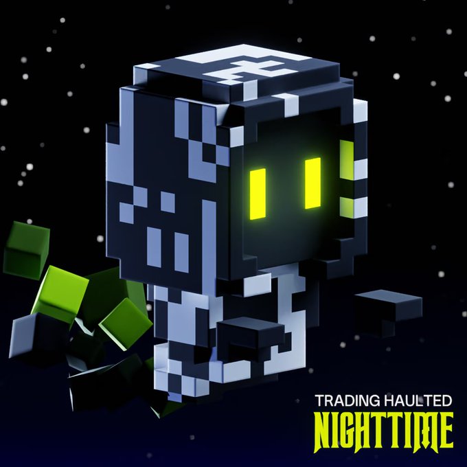 A 3D voxel-style rendering of a character with a dark grey body, white accents, and glowing yellow eyes against a starry space background, labeled 'Trading Haunted NIGHTTIME'.