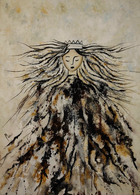 An abstract painting of a figure with a crown and closed eyes, with flowing lines forming hair and a dress-like form in earth tones.