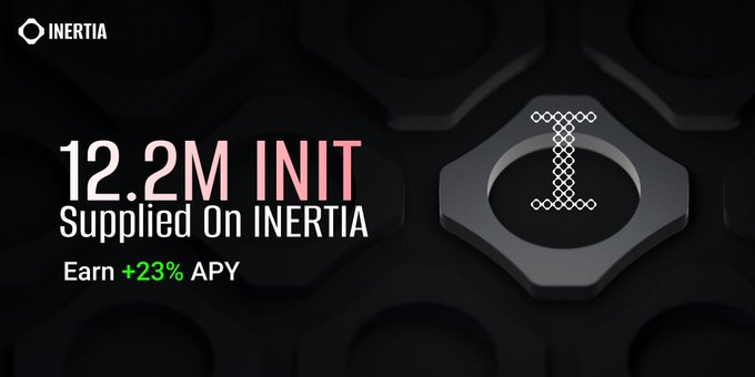 An advertisement for INERTIA announcing '12.2M INIT Supplied On INERTIA' with an Earn +23% APY offer, featuring a hexagonal logo with an 'I' symbol.