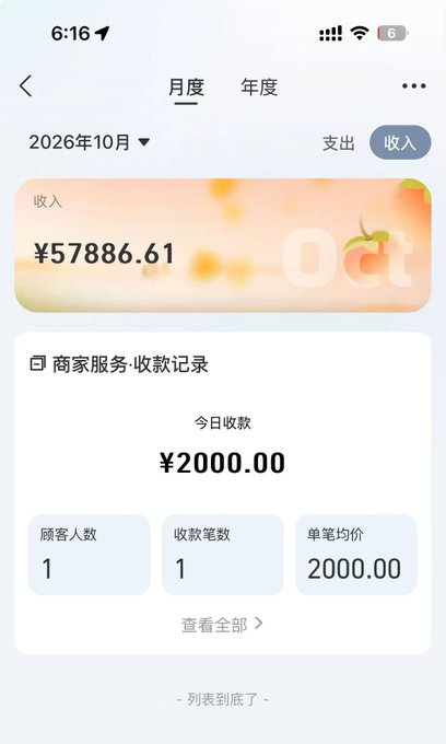 A mobile app screenshot in Chinese displays monthly income (收入) statistics for October 2026, showing a total of ¥57886.61 and a today's collection (今日收款) of ¥2000.00 from 1 customer.