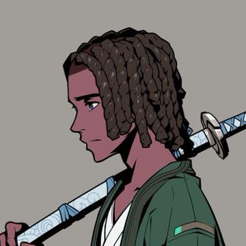A profile illustration of a dark-skinned male character with dreadlocks, wearing a green robe and carrying a katana with a blue and white patterned sheath on his back.