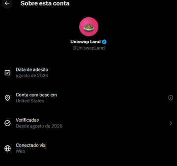 The image shows an “Sobre esta conta” (About this account) page for the verified Uniswap account, @Uniswap, noting it joined in August 2026, is based in the United States, verified since August 2026, and connected via Web. It appears to support the post’s discussion of project ownership and shared connections.
