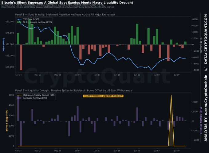 The image is a two-panel financial chart from CryptoQuant analyzing Bitcoin's market dynamics, with the upper panel showing sustained negative netflows across all major exchanges (price dropping from ~$80,000 to ~$65,000) and the lower panel displaying a massive spike in stablecoin burns offset by US spot withdrawals, with BTC ticker visible throughout.

The visualization supports the post's claim by showing how despite Bitcoin's significant exchange netflow (BTC) draining, prices remain compressed—a "Supply Shock vs Liquidity Drought" scenario where the dramatic stablecoin burn spike (reaching ~5000M around July 9) coincides with a liquidity crunch, explaining why sustained exchange outflows haven't translated into price appreciation over the May 14 to July 9 timeframe.