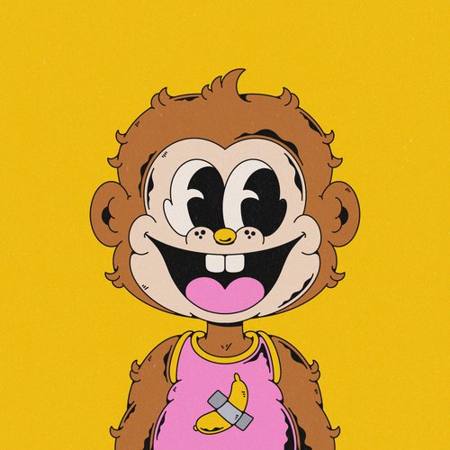 A cartoon-style illustration of a smiling monkey character with wide eyes, buck teeth, and a pink shirt featuring a banana and duct tape design, set against a yellow background.