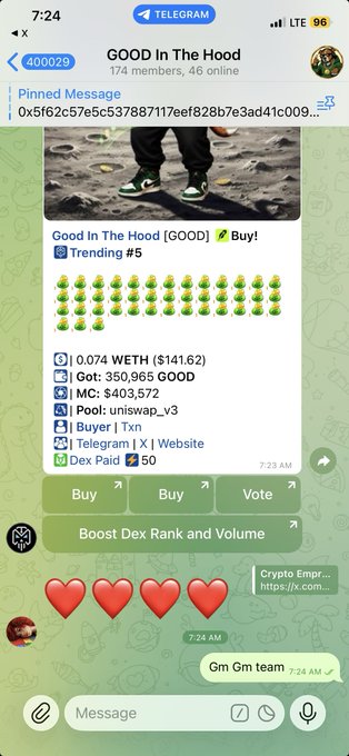 A Telegram group chat screenshot for 'GOOD In The Hood' showing a cryptocurrency trading bot message with details for the GOOD token, including price ($141.62), market cap ($403,572), and Buy/Vote options, with 'Gm Gm team' message visible.