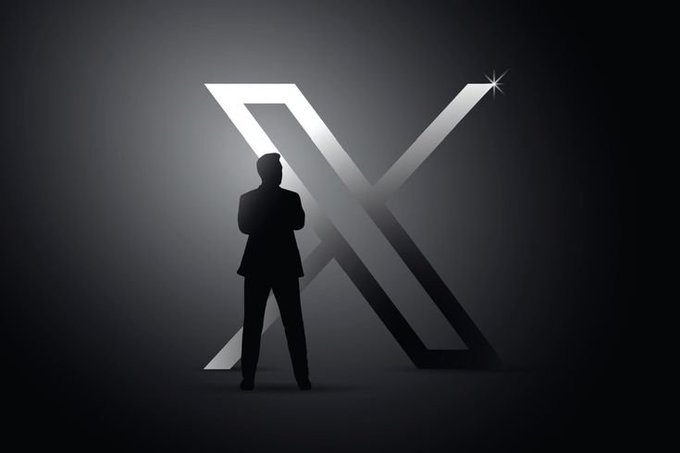 A silhouette of a man in a suit standing before a large, metallic 'X' logo on a dark background.