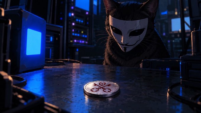 A person wearing a black cat mask and a white face mask sits in a dark, cyberpunk-style room with blue glowing screens, looking down at a token with a red symbol on a wet table.