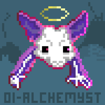 A pixel art image of a white and purple cat-like creature with a yellow halo, labeled "OI-ALCHEMYST" in pixel text below.