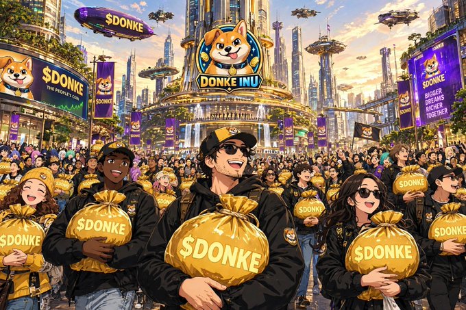 A lively anime-style illustration depicts a massive crowd of $DONKE bag-holders gathered in a futuristic city square beneath a giant "DONKE INU" Shiba mascot monument and banners reading "BIGGEST DREAMS RICHER TOGETHER." The image visually captures the post's "POV" of a $DONKE community celebration, matching its meme contest entry by showcasing enthusiastic supporters unified under the Donke Inu brand.