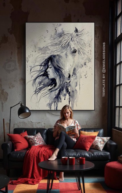 A woman reads a book on a black leather couch adorned with red and patterned pillows, positioned beneath a large abstract painting of a white horse's face. The watermark 'TEMPLATE BY @EMIELISDESIGNS' appears on the right side of the artwork.