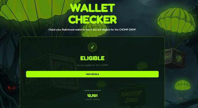 A "Wallet Checker" interface confirming eligibility for a CHOMP token airdrop drop with 12,921 token allocation, featuring a Halloween-themed green background with parachuting crates.