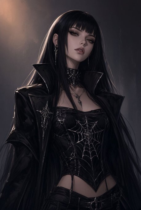 A dark, gothic-style digital portrait of a pale-skinned woman with long black hair, wearing a black leather jacket and a corset featuring a silver spiderweb design, along with a dark choker and pendant.