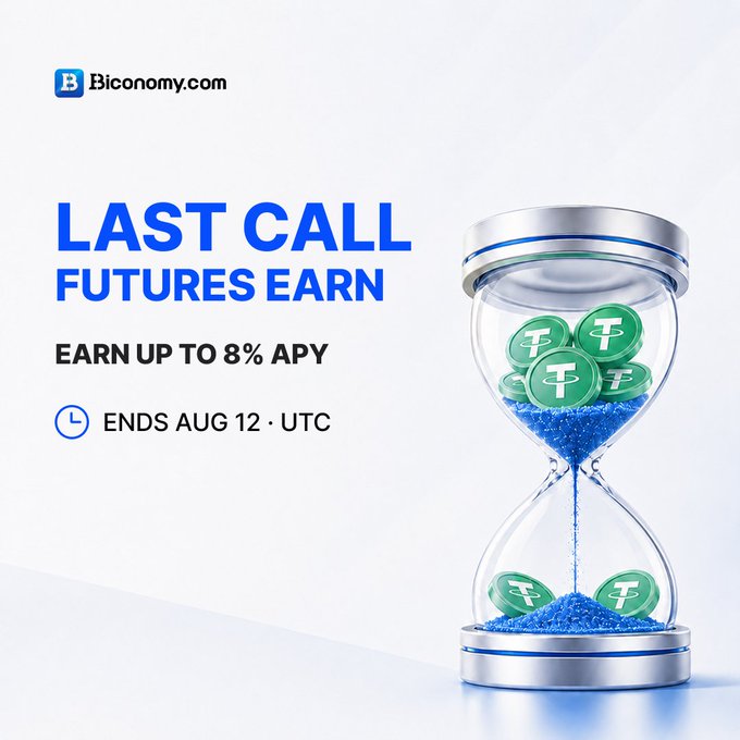 A promotional image from Biconomy.com featuring an hourglass filled with green Tether (USDT) coins and blue sand, advertising their "Last Call Futures Earn" campaign with up to 8% APY, ending August 12 UTC. The hourglass imagery reinforces the post's urgency about the upcoming deadline for the earning opportunity.