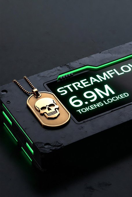 A 3D render of a gold skull dog tag on a black mechanical device displaying 'STREAMFLO 6.9M TOKENS LOCKED' in green neon text.