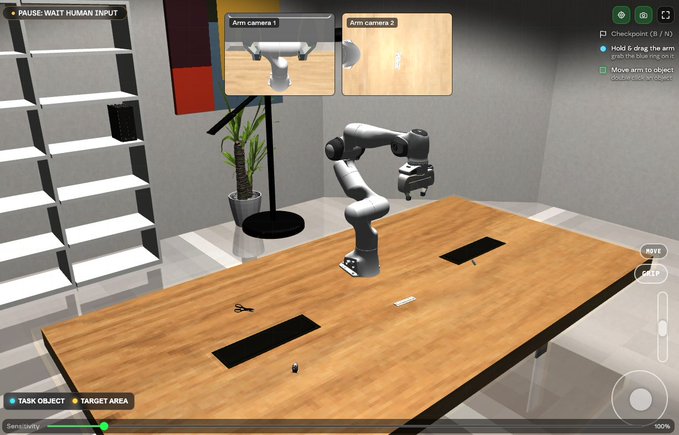 A robotic arm sits on a wooden desk in a simulated environment with camera feeds labeled "Arm camera 1" and "Arm camera 2" at the top, alongside UI prompts like "PAUSE: WAIT HUMAN INPUT" and "Move arm to object" with controls for "TASK OBJECT" and "TARGET AREA." The image represents a robotics simulation platform that aligns with the KAITO Season 2 project by Axis Robotics, where participants are tasked with robot manipulation missions to earn $AXIS token rewards through the KAITO Studio.