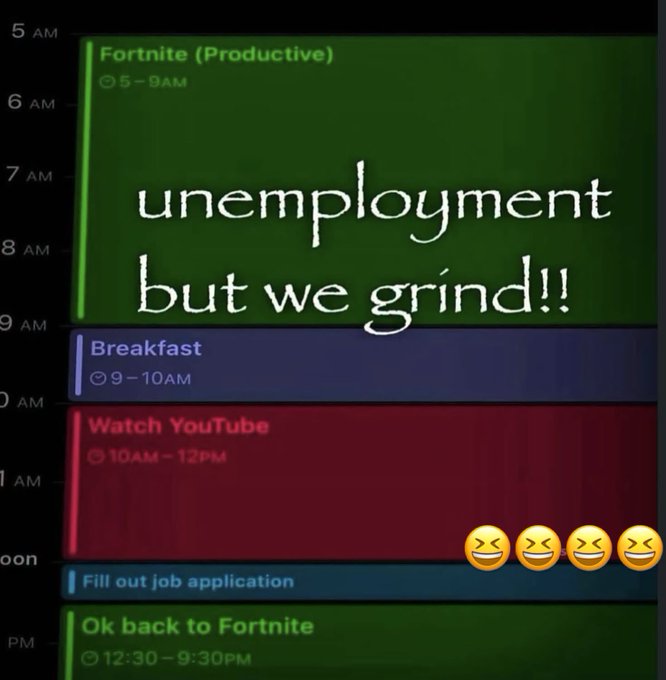 A humorous daily schedule screenshot titled "unemployment but we grind!!" showing a routine of Fortnite (5–9 AM), Breakfast (9–10 AM), YouTube (10 AM–12 PM), a brief job application, then back to Fortnite until 9:30 PM, with laughing emojis overlaying the bottom.