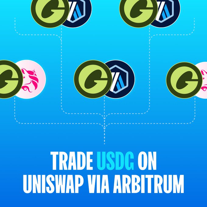 The image features green "G" coin icons (representing USDG) paired with blue "U" icons (representing USDC), connected by dashed lines to illustrate a token liquidity pool structure. The text reads "TRADE USDC ON UNISWAP VIA ARBITRUM," promoting the newly launched USDG/USDC stablecoin pool on Uniswap's Arbitrum network.