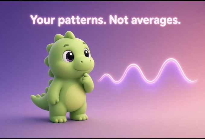 A cute green cartoon dinosaur stands beside a glowing pink waveform on a purple background, with the text 'Your patterns. Not averages.'