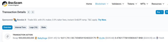 BscScan transaction details page showing a swap of 900,000,000,000 BabyDoge for approximately 9,611,741,735 BUSD, receiving 335.68 ELON and 324.05 BNB on 1inch.