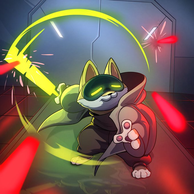 An anime-style cat character wearing a futuristic green helmet and dark cloak wields a glowing green energy sword while deflecting red laser projectiles in a sci-fi corridor, evoking a Star Wars-inspired duel that ties into the caption's wish for the "Inu" warrior to guide the viewer.