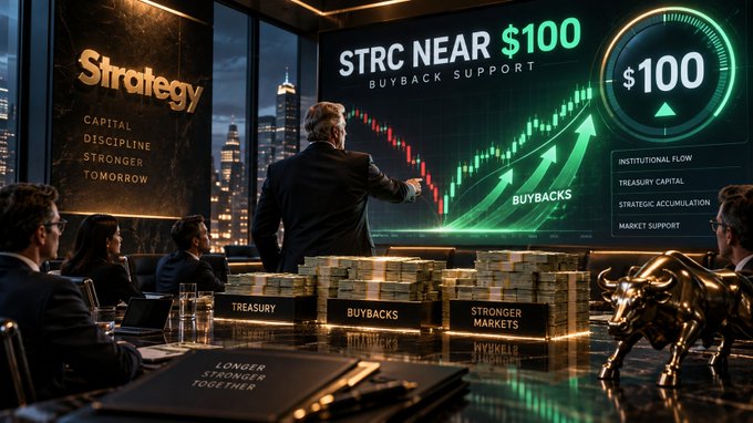 An illustrated financial scene shows a man in a suit pointing at a green upward chart titled 'STRC NEAR $100 BUYBACK SUPPORT' on a large screen, with a golden bull statue and stacks of money on the conference table.