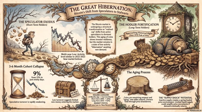 The image is an ornate, illustrated infographic titled "THE GREAT HIBERNATION: Bitcoin's Shift from Speculators to Stalwarts," highlighting key trends such as a 9% drop in 3-6 month holders, over 1050% rise in multi-year statics, and a "Speculator Exodus" with multi-year low activity levels similar to 2022-2023 bear market bottoms, suggesting a market shift from active speculators to long-term stalwarts awaiting new demand.