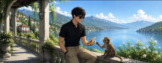 An anime-style illustration of a dark-haired young man wearing sunglasses, sitting on a stone balustrade and offering a banana to a small monkey, with a scenic lake and mountains in the background.