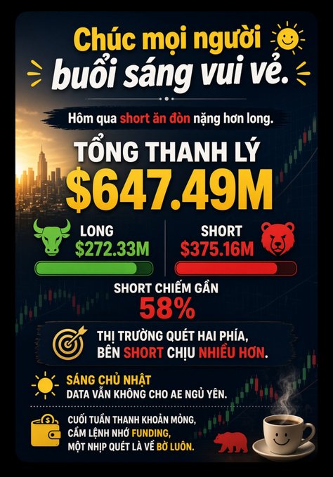 A Vietnamese stock market graphic titled 'Chúc mọi người buổi sáng vui vẻ' showing total liquidation of $647.49M, with Long positions at $272.33M and Short positions at $375.16M, indicating shorts dominate at 58%.