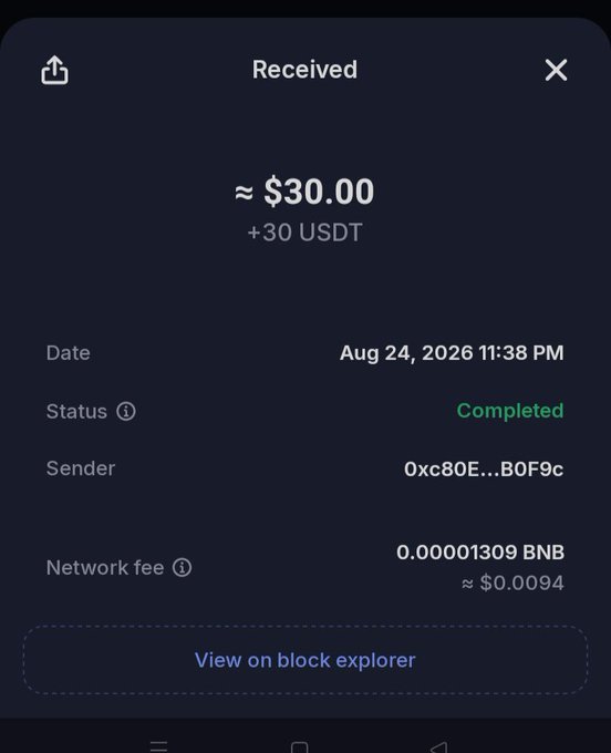 A cryptocurrency transaction receipt showing a received payment of $30.00 (+30 USDT) on Aug 24, 2026, with status marked as 'Completed' from sender 0xc80E...B0F9c and a network fee of 0.00001309 BNB.