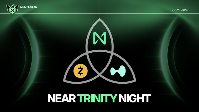 Promotional graphic with 'NEAR Legion JULY, 2026' text and 'NEAR TRINITY NIGHT' at the bottom, featuring a triquetra symbol with N, Z, and bowtie icons in a green aurora-style background.