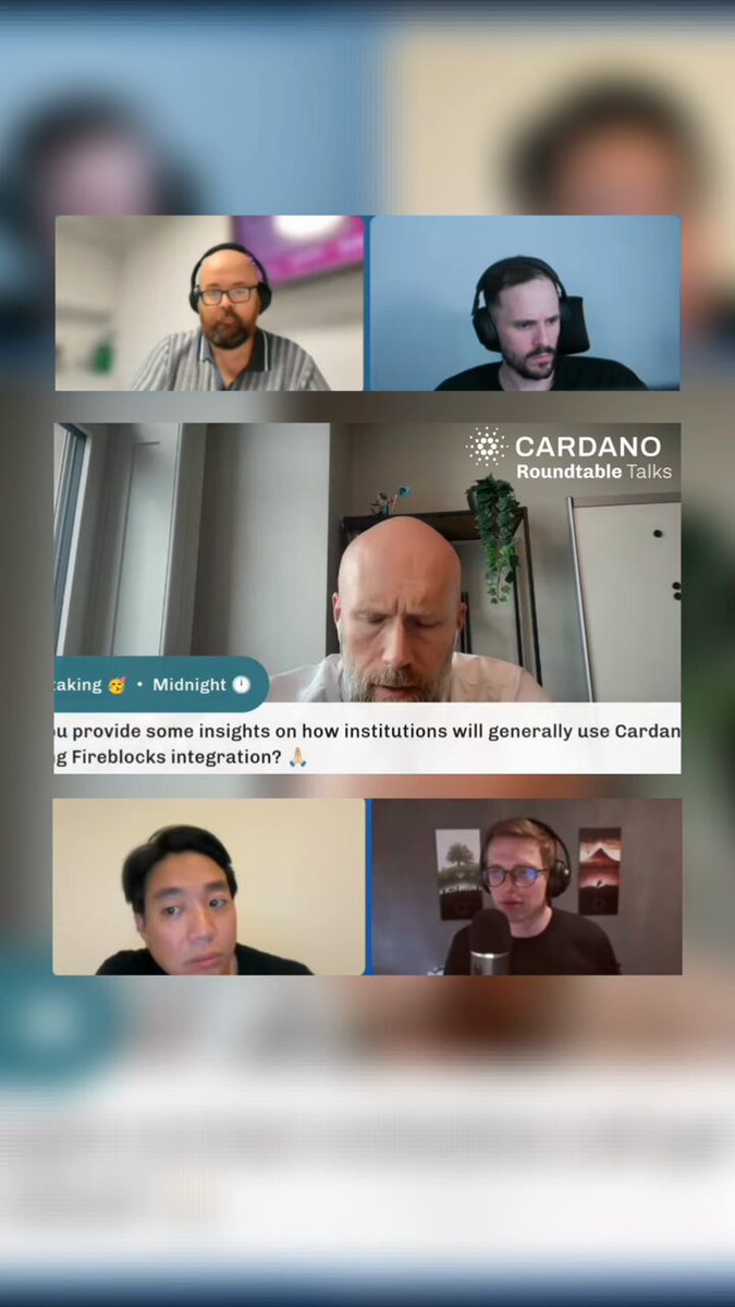 The image shows a collage of six photos featuring people wearing headphones and looking at their computer screens during a video conference call with the caption "Why is the Fireblocks partnership critical for Cardano'S institutional adoption?" The first photo on the left shows two men in suits, while the last photo on the right features a man in glasses. The middle photo has a man wearing headphones and staring at his screen. The remaining photos show more people participating in the video conference call.