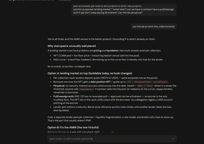 A Discord chat thread discussing the design of a lending market on top of an AMM, referencing 'stackpad' and explaining Option A (a lending market buildable today) versus Option B (a rebuilt AMM with buyback options).