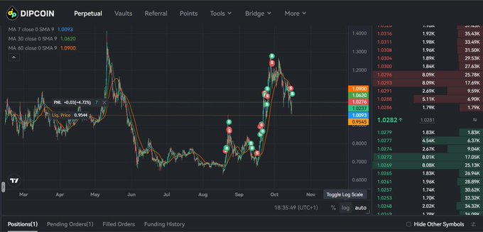 A trading chart from DIPCOIN showing perpetual futures for the DIP/DMA trading pair, with candlestick price action spanning from March to November and a current price around 1.0282.