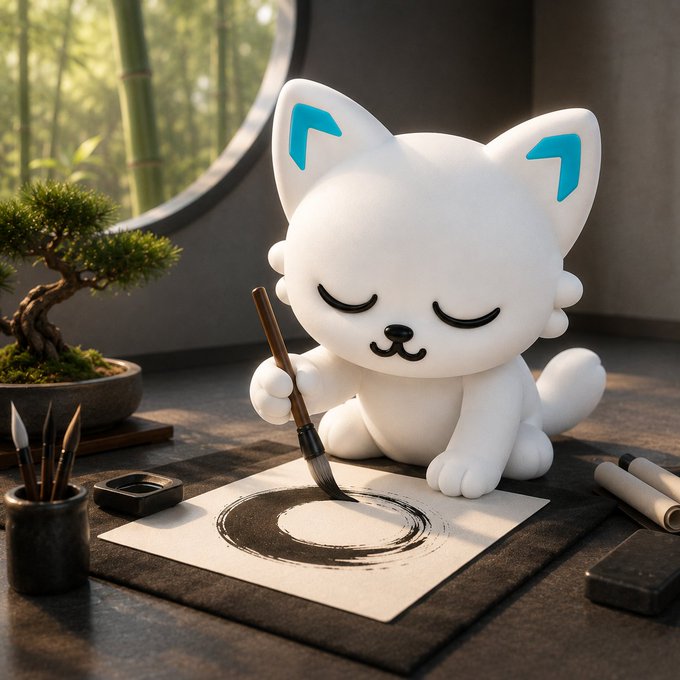 A 3D-rendered white cartoon cat figurine with blue ear markings holding a calligraphy brush and painting an enso circle, set in a serene zen-style room with a bonsai tree and bamboo visible through a circular window.