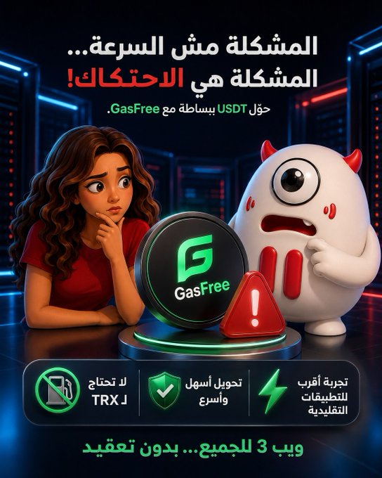 An Arabic promotional graphic for 'GasFree' with a character saying the problem isn't speed but your wallet, advertising USDT solutions with 'No TRX needed' and 'Free experience for traditional applications'.