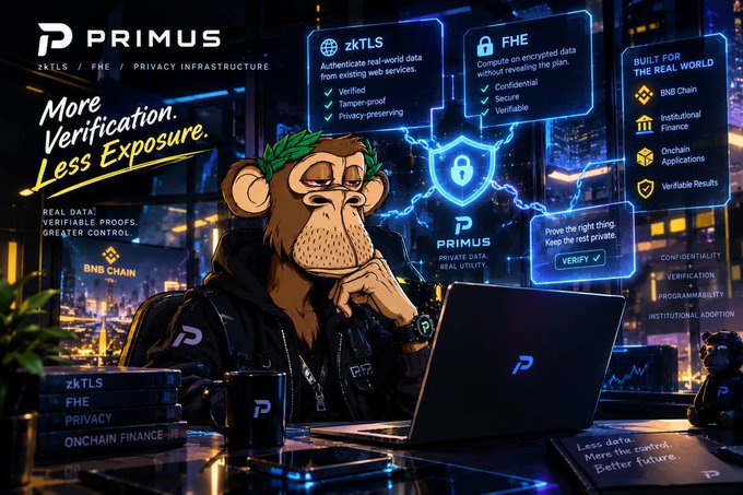The image is a promotional graphic for "PRIMUS" featuring the tagline "More Verification. Less Exposure." and showcasing their zkTLS/FHE privacy infrastructure built for BNB Chain, Onchain Applications, Institutional Finance, and Verifiable Results. A weary cartoon monkey in a hoodie sits at a laptop surrounded by neon city lights, with floating panels explaining features like "zkTLS - Authenticate real-world data from existing web services" and "FHE - Compute on encrypted data without revealing the plan." The post connects to the image by highlighting how institutions require verifiable onchain proofs while maintaining client confidentiality—exactly what PRIMUS's zero-knowledge and fully homomorphic encryption technology is designed to deliver.